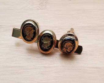 Ready to be personalized! Vintage 1970s Anson 12k GF Oval Cuff Links and Tie Holder New in Box
