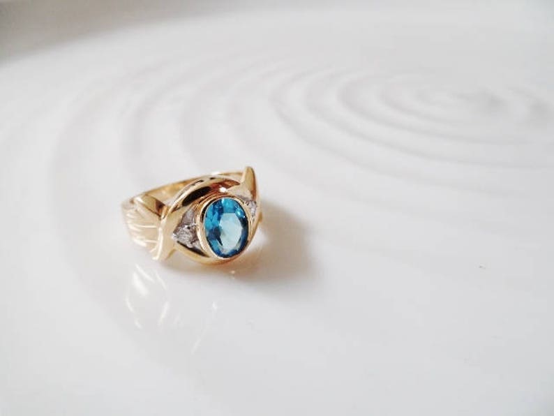 Blue Topaz Diamond 14K Gold Vintage Ring Estate Fine Jewelry
