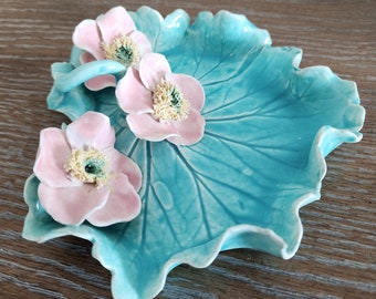 Vintage Trinket Dish Ceramic Turquoise Pink Flowers
