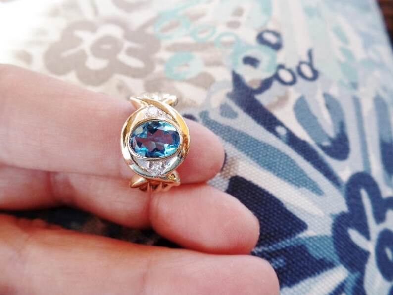 Blue Topaz Diamond 14K Gold Vintage Ring Estate Fine Jewelry