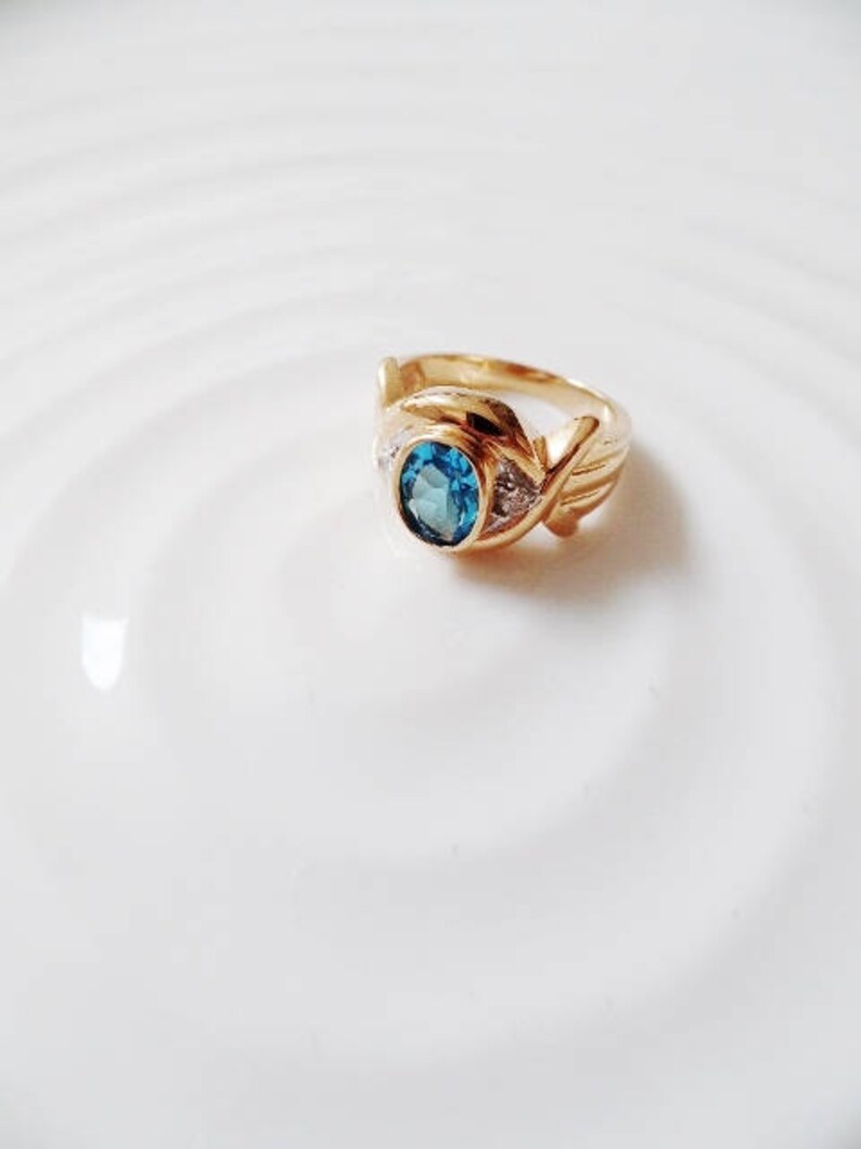 Blue Topaz Diamond 14K Gold Vintage Ring Estate Fine Jewelry
