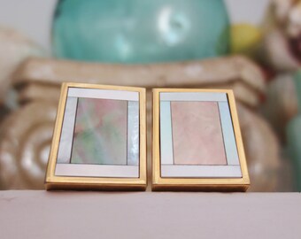 Mother Of Pearl Cuff Links MOP Shell Gold Tone Inlay Gray White Rectangle Vintage Unisex Accessory