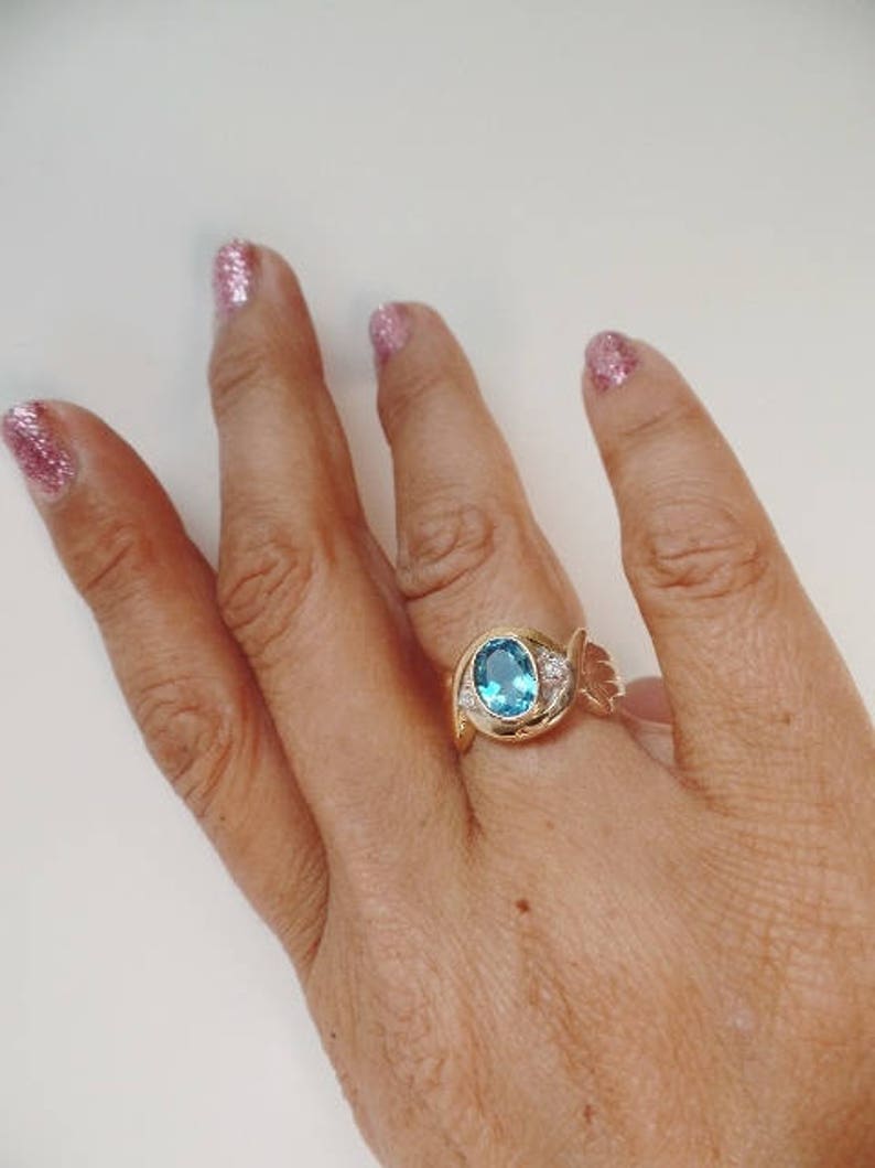 Blue Topaz Diamond 14K Gold Vintage Ring Estate Fine Jewelry