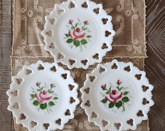 Vintage Kemple Milk Glass Plates Set of 3 Colony LaceHandpainted Flowers