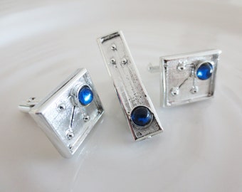 Vintage Cuff Links Tie Bar Set Silver Blue Cobalt Glass Cabochon Retro Modernist Unisex Accessories