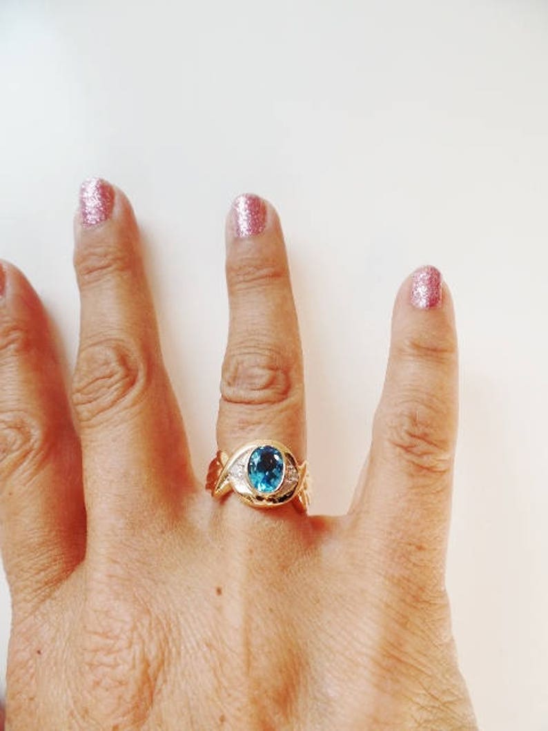 Blue Topaz Diamond 14K Gold Vintage Ring Estate Fine Jewelry