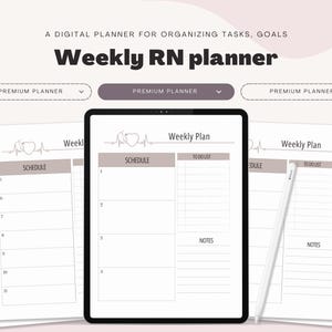 May include: A digital planner for organizing tasks and goals. The image shows a black tablet displaying a weekly plan layout, with several printed pages and a stylus. The text on the tablet reads "Weekly RN planner". The pages have sections for schedule and to-do lists.
