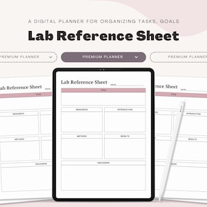 May include: A digital planner with the text "Lab Reference Sheet" displayed on a tablet and several sheets of paper. The sheets have pink headers and are designed for organising tasks and goals.