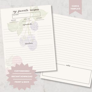 Customizable Recipe Binder Sheets - Set of 6 - Watercolor Illustrations, Recipe Binder Filler Paper, Full Size Recipe Binder Card - 8.5x11