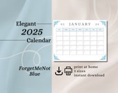 2025 Calendar | Elegant Monthly Planner Sunday & Monday Start | ForgetMeNot Blue | Printable PDF Instant Download | A4 A3 Letter Landscape