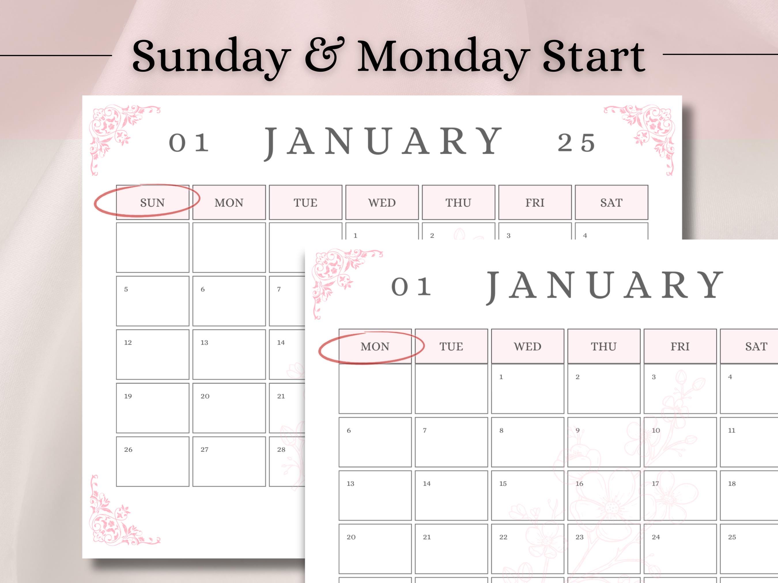 2025 Calendar | Elegant Monthly Planner Sunday & Monday Start | Cherry ...