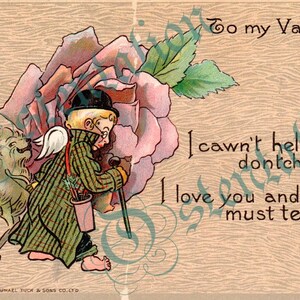 Cartão postal vintage do Dia dos Namorados - Arquivo digital - Cupido, Leão, Rosa