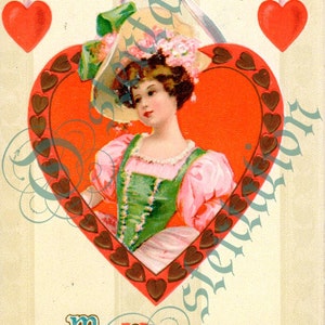 Cartão postal vintage do Dia dos Namorados - Arquivo digital - Senhora usando chapéu