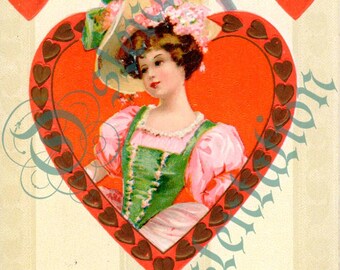 May include: Vintage Valentine's Day card featuring a woman in a green dress and a hat, holding a heart with the text "My Valentine think of me."