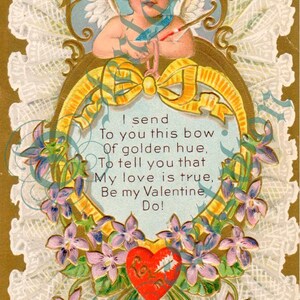 Cartão postal vintage do Dia dos Namorados - Arquivo digital - Cupido com poema