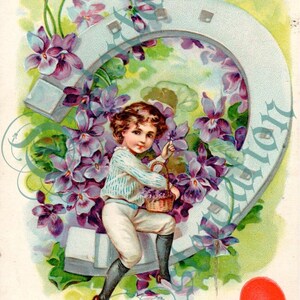 Cartão postal vintage do Dia dos Namorados - Arquivo digital - Menino na ferradura