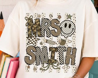 Personalized Camo Teacher Shirt, Custom Name Teacher Tee, Mrs Teacher Shirt, Cute Teacher Gift, Back To School Shirt, Kindergarten Teacher