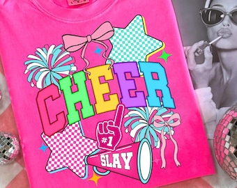 Cheer Png, Preppy Cheer Mom Shirt Sublimation, Cheerleader Coquette Png, Colorful Checker Bow Pom Pom Png, Cheer Season Png, Team Spirit Png