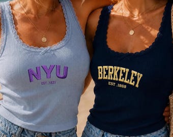 Custom Embroidered College Lace Tank Top, Embroidered Game Day Top, Sport Teams Shirt, Retro College Mascot Top, Tailgate Outfit, Girl Tank