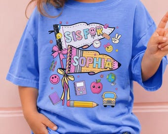 Comfort Colors Back to School Custom Shirt, Personalized Pennant Shirt First Day of School Kid Tees, Grade Level Teacher Appreciation Gift
