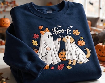Embroidered Ghost Dog Halloween Sweatshirt, Boo-p Cute Ghost Puppy Shirt, Spooky Season Pet Embroidered Tee