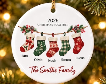 Personalized Family Name Ceramic Xmas Christmas Ornament, Watercolor Sock Branch Custom Family Keepsake Gift, Family Christmas Decor