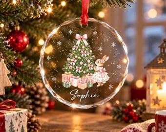 Personalized Baby First Christmas Glass Ornament, Custom Name Year Bunny Keepsake, Newborn Christmas Gift for Son Grandson