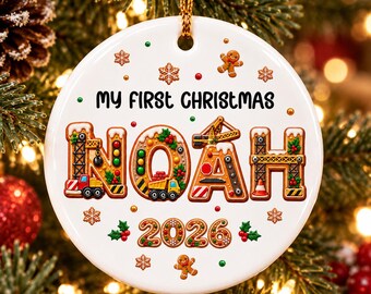 Personalized Kids Name Truck Christmas Ceramic Ornament, Construction Vehicle Ceramic Ornament, Custom Name Holiday Decor