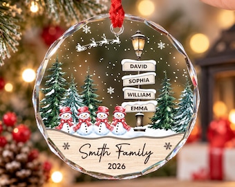 Personalized Family Christmas Ornament 2026, Custom Name Snowman Heart Ornament, Glass Holiday Keepsake