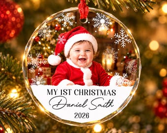 Custom Photo Baby First Christmas Glass Ornament, Kids First Christmas Glass Ornament, Baby Ornament Keepsake, Gift For Son Daughter