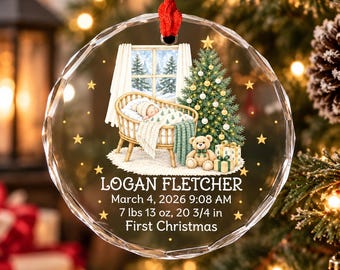 Baby's First Christmas Glass Ornament, Personalized Birth Stats Ornament, Custom Newborn Keepsake with Baby Name, New Baby Christmas 2026