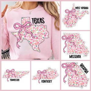 以下が含まれることがあります： ピンクのリボンが付いた、花の州のアウトラインデザイン6点セット。州はテキサス、ウェストバージニア、ミズーリ、ジョージア、テネシー、ケンタッキーです。