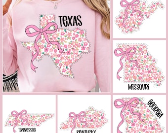 Bundle State PNG Floral Coquette Tennessee PNG, Texas Floral, Trendy Girly Design Coquette Bow State Design, State Floral Coquette Png