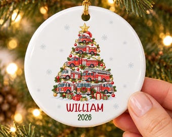 Personalized Kids Name Fire Truck Christmas Tree, Boy Christmas Ornament, Vehicle Ceramic Ornament, Custom Name Holiday Decor