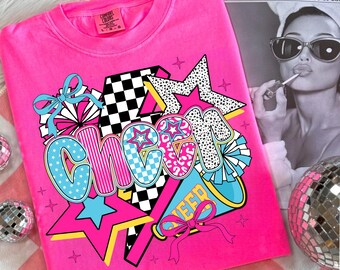 Cheer Png, Preppy Cheer Mom Shirt Sublimation, Cheerleader Coquette Png, Colorful Checker Bow Pom Pom Png, Cheer Season Png, Team Spirit Png