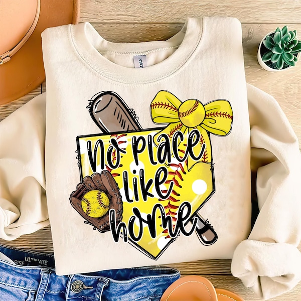 Softball PNG, No Place Like Home Sublimation, Yellow Softball Bow PNG, Digital Download, Baseball Mom Clipart, Sports Sublimation Design PNG