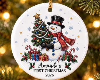 Personalized Christmas Snowman Ceramic Ornament 2026, Snowman Christmas Ornaments, Christmas Gift for Kids,Grandkids Christmas Keepsake