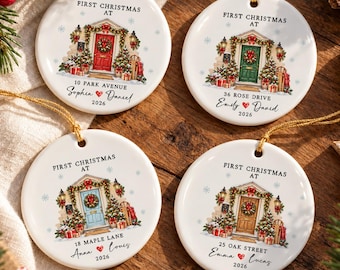 Personalised First Christmas in New Home Decoration, Road Name & Door Colour First Home Family Bauble Ornament Keepsake