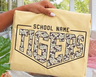 Comfort Colors Custom School Mascot Camo Shirt, Custom Sports Shirt, Team Mascot Shirt, Custom Name Gifts For Back To School Shirt