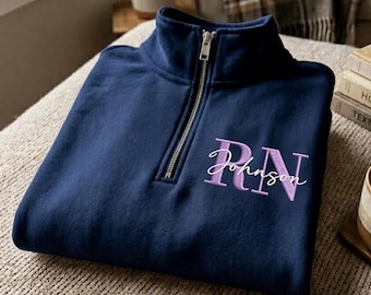 Custom Nurse Embroidered Sweatshirt, Monogram RN Quarter Zip Pullover, Aesthetic Medical Apparel, Personalized Nurse Gift for Her