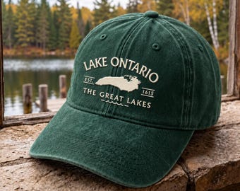 Lake Ontario Embroidered Hat, Great Lakes Map Cap, Vintage Lake Lover Gift, Cottage Life Dad Hat, Freshwater Apparel