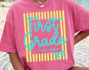 Custom Back to School Shirt for Girls, Colorful Stripe Grade Shirt, First Day of School Tee, 1st Grade 2nd Grade Girl Tee, Kid School Shirt