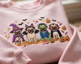 Embroidered Halloween Pug Sweatshirt, Cute Costume Dogs Shirt, Spooky Season Pet Embroidered Tee