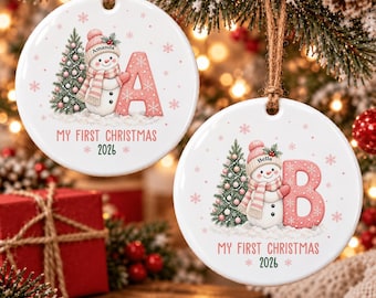 Personalized Letter Name Ceramic Ornament 2026 Custom Name Snowman Christmas Ornaments, Christmas Gift for Kids,Grandkids Christmas Keepsake