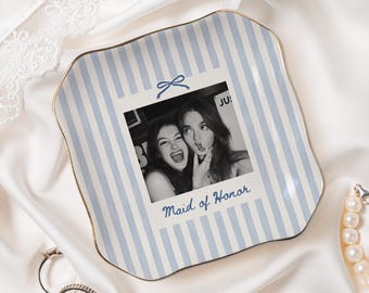 Personalized Bestie Photo Jewelry Dish, Ceramic Trinket Tray for Best Friend, Bestie Striped Ring Dish, Birthday Gifts For Bestie
