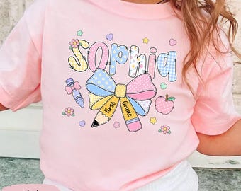 Personalized First Grade T-Shirt Back to School Outfit, Coquette Bow Shirt For Girl, Pre-K to Fifth Grade Shirt