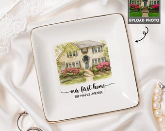 Custom Watercolor New Home Ring Dish, Personalized House Address Trinket Tray, First Home Gift, Housewarming Gift, Realtor Closing Gift