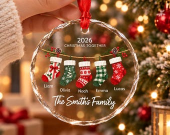 Personalized Family Name Xmas Christmas Glass Ornament, Watercolor Sock Branch Custom Family Keepsake Gift, Family Christmas Decor