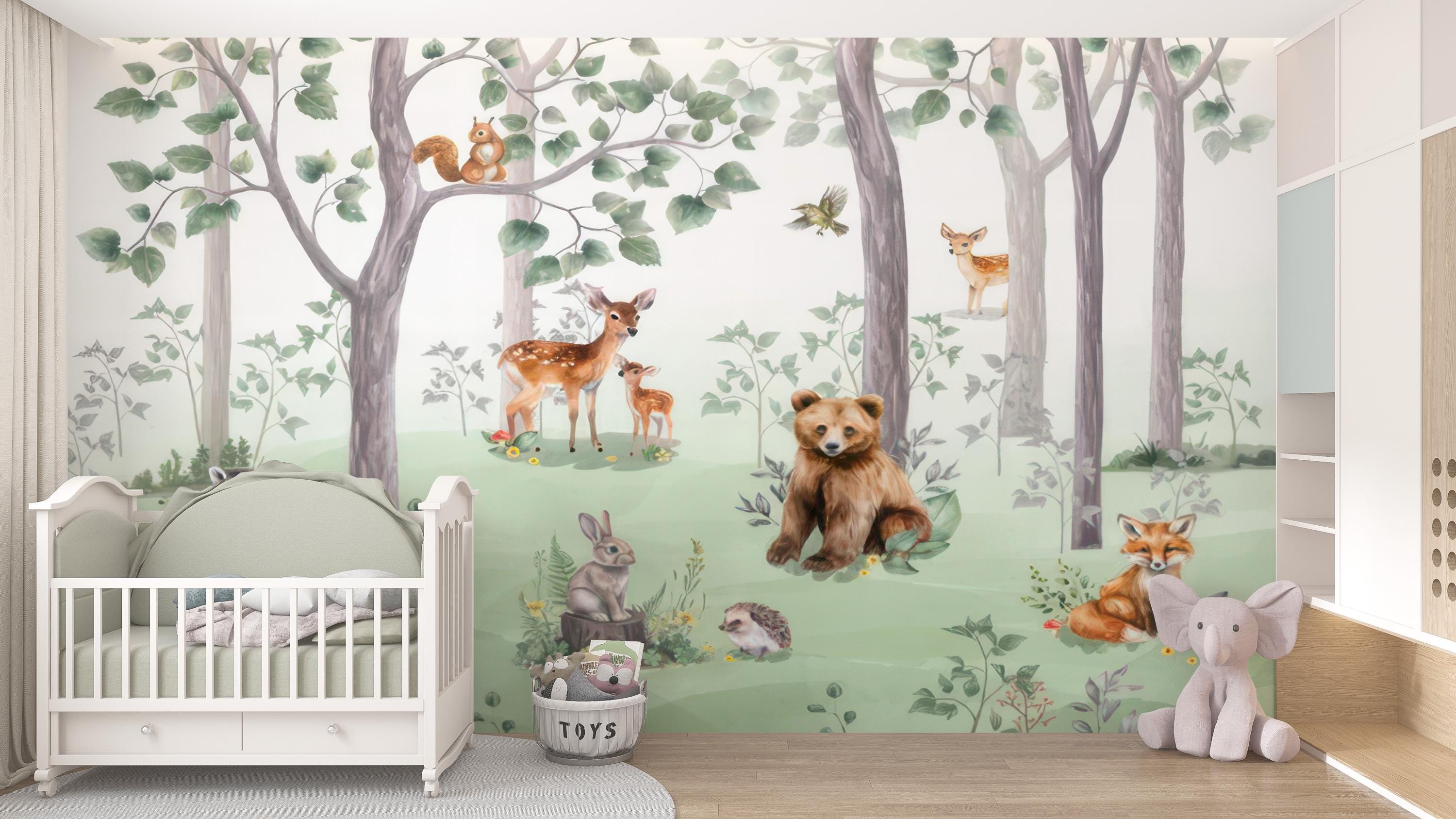 Woodland Forest Animals Wall Mural, Nursery Wallpaper, Kids Room Decor ...