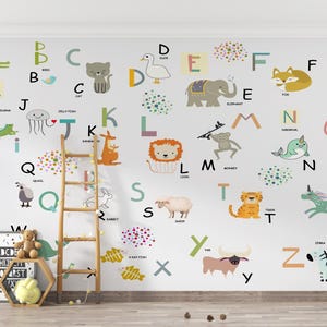 Carta da parati con animali dell'alfabeto colorato - Carta da parati educativa staccabile e adesiva per la cameretta dei bambini